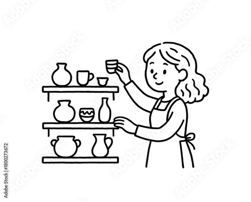 handdrawn cute doodle style woman arranging finished ceramics on shelf vector line illustration