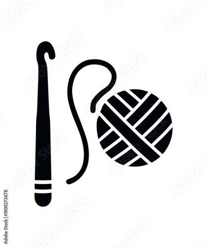 crochet hook and thread flat black solid vector illustration isolated on white background