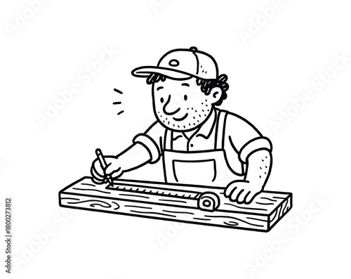 handdrawn cute doodle style woodworker measuring plank vector line illustration