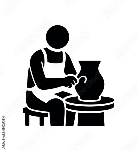 potter trimming clay pot flat black solid vector illustration isolated on white background