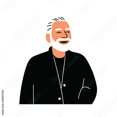 Smiling older man in a stylish black outfit enjoying a moment of happiness in a bright, modern setting