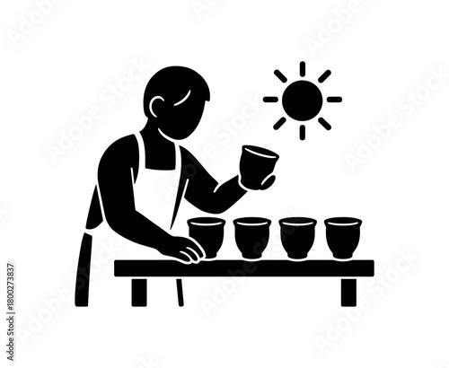 person drying clay cups sunlight flat black solid vector illustration isolated on white background
