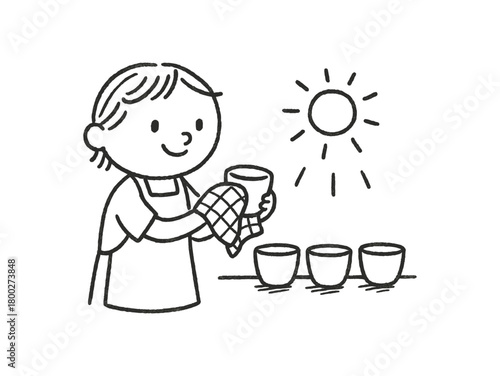 handdrawn cute doodle style person drying clay cups sunlight vector line illustration