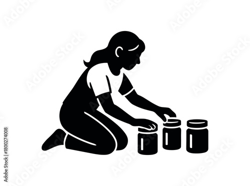 woman arranging paint jars flat black solid vector illustration isolated on white background