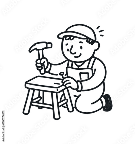 handdrawn cute doodle style craftsman fixing wooden stool vector line illustration