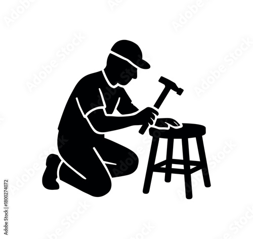 craftsman fixing wooden stool flat black solid vector illustration isolated on white background