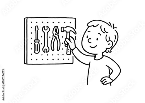 handdrawn cute doodle style person arranging tools on pegboard vector line illustration