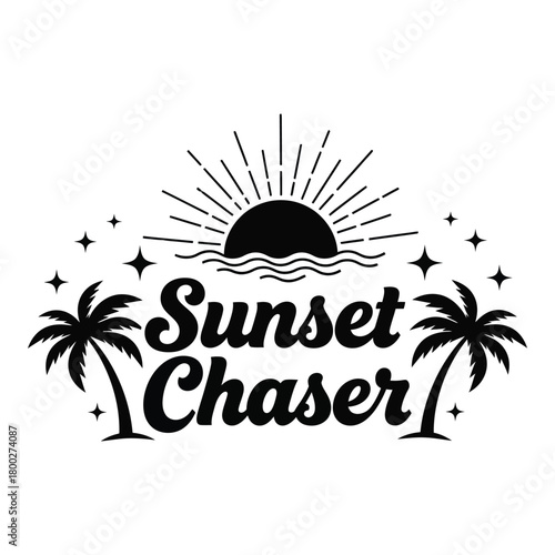 Sunset chaser emblem with palm trees stars and sunburst design