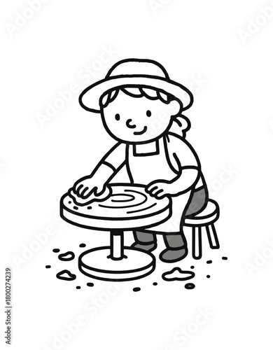 handdrawn cute doodle style potter cleaning clay wheel vector line illustration
