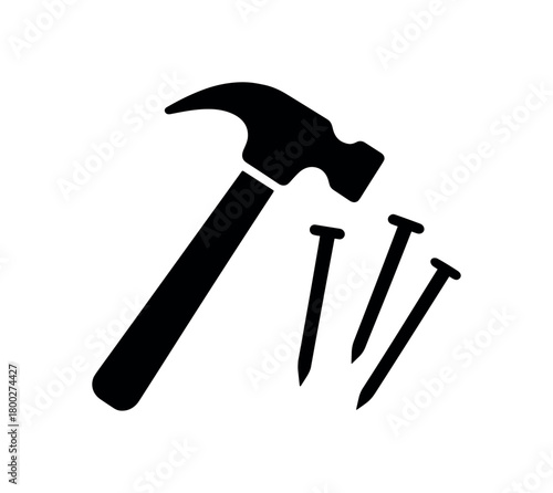 hammer and nails flat black solid vector illustration isolated on white background