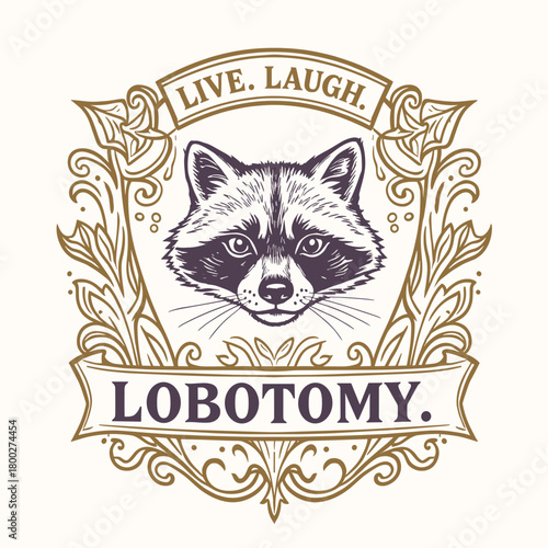 Raccoon emblem combining humor and dark themes in a playful design with intricate decorations and sharp contrasts