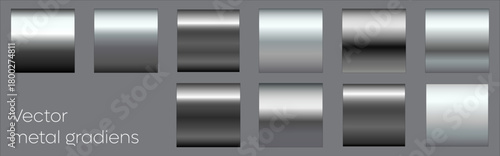 Vector metal gradients set with smooth chrome, silver, steel, and metallic reflections. Clean shiny gradient textures for UI design, logos, backgrounds, and modern graphic projects