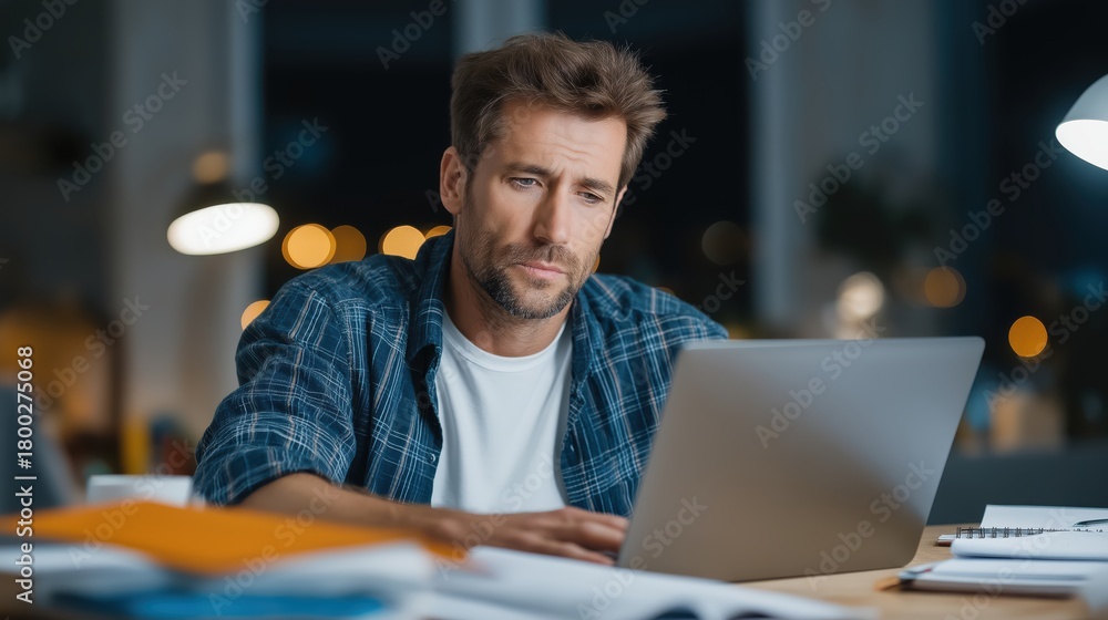 Fototapeta premium Office worker opening a laptop at a messy desk in the first chaotic minute of the workday with warm desk lamp light.