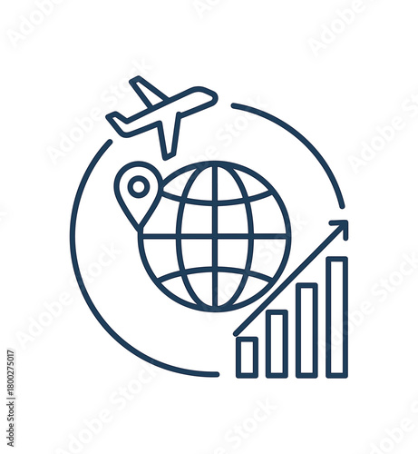 Flat vector illustration of an airplane circling globe with location pin and modest upward bar chart for travel trends minimal geometric shapes uniform stroke clean edges no perspective no