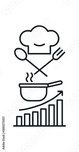 Flat vector illustration of chef hat with spoon and fork above steaming pot and tidy growth bar for culinary success minimal geometric shapes uniform stroke clean edges no perspective no