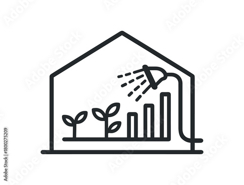 Flat vector illustration of greenhouse with seedlings and watering hose forming yield bar minimal geometric shapes uniform stroke clean edges no perspective no depth effects no textures