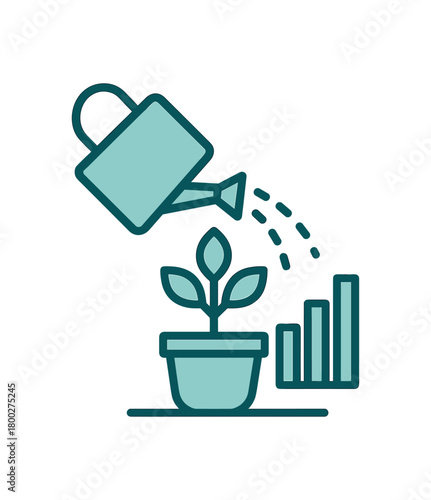 Flat vector illustration of watering can pouring onto potted plant with leaf sprigs and growth bar minimal geometric shapes uniform stroke clean edges no perspective no depth effects no