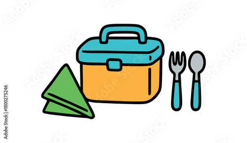 Cute doodle zero contain collection flat vector illustration bold handdrawn outlines bright solid fills isolated on white clean white space sticker style minimal detail metal lunchbox cloth