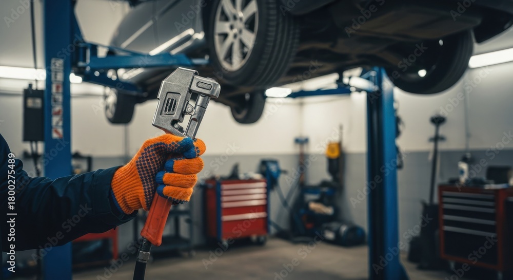 Fototapeta premium A gloved hand holds a tool beneath a lifted car in a repair shop