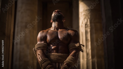 Blind Samson bound between the pillars. Symbol of sacrifice, divine strength, and God’s deliverance in the temple of the Philistines (Judges 16:28–30).