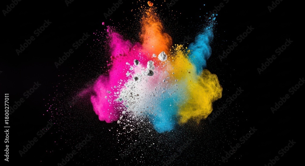 Naklejka premium A vivid cloud of colored powder bursts against a stark black background, showcasing vibrancy