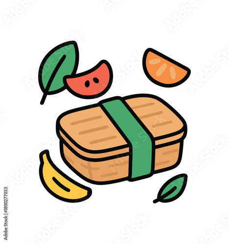 Cute doodle zero contain collection flat vector illustration bold handdrawn outlines bright solid fills isolated on white clean white space sticker style minimal detail bamboo lunchbox