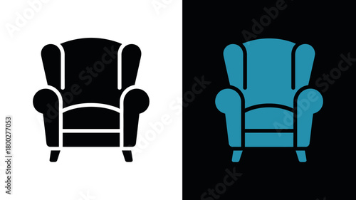 Elegant wingback armchair icon in contrasting black and blue on white and dark backgrounds