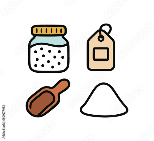 Cute doodle zero contain collection flat vector illustration bold handdrawn outlines bright solid fills isolated on white clean white space sticker style minimal detail refill jar label tag