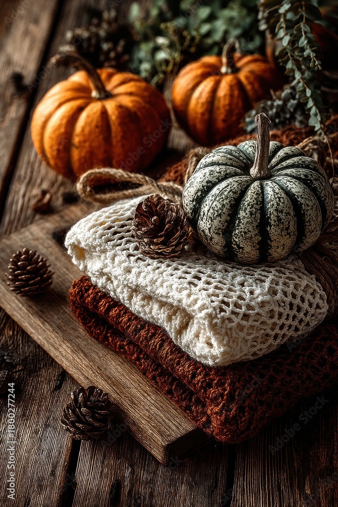 Fototapeta premium Cozy autumn flat lay with pumpkins, knitted sweaters, pine cones and gourds on a rustic wooden table