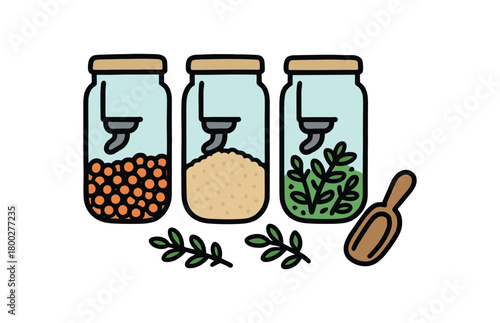 Cute doodle zero contain collection flat vector illustration bold handdrawn outlines bright solid fills isolated on white clean white space sticker style minimal detail bulk refill station