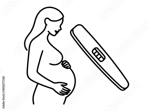 Pregnant woman holding belly next to positive pregnancy test