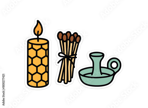Cute doodle zero waste home collection flat vector illustration bold handdrawn outlines bright solid fills isolated on white clean white space sticker style minimal detail beeswax candle