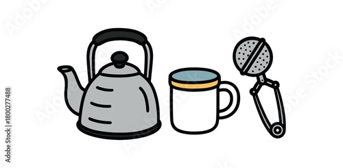 Cute doodle zero waste home collection flat vector illustration bold handdrawn outlines bright solid fills isolated on white clean white space sticker style minimal detail stainless kettle