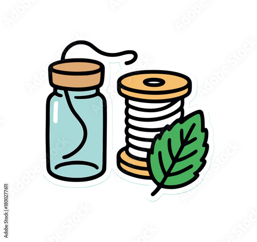 Cute doodle zero plastic bathroom collection flat vector illustration bold handdrawn outlines bright solid fills isolated on white clean white space sticker style minimal detail floss glass