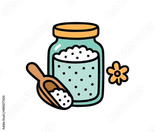 Cute doodle zero plastic bathroom collection flat vector illustration bold handdrawn outlines bright solid fills isolated on white clean white space sticker style minimal detail bath salts