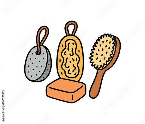 Cute doodle zero plastic bathroom collection flat vector illustration bold handdrawn outlines bright solid fills isolated on white clean white space sticker style minimal detail pumice