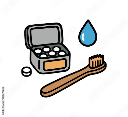 Cute doodle zero plastic bathroom collection flat vector illustration bold handdrawn outlines bright solid fills isolated on white clean white space sticker style minimal detail toothpaste