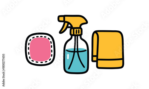 Cute doodle zero plastic bathroom collection flat vector illustration bold handdrawn outlines bright solid fills isolated on white clean white space sticker style minimal detail makeup