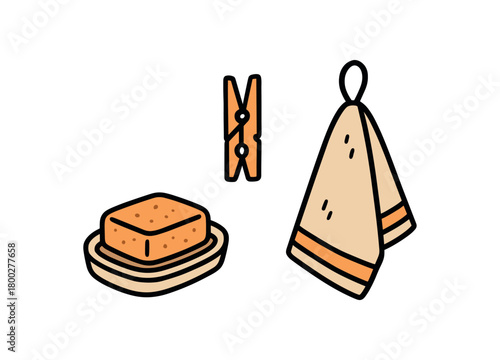 Cute doodle zero plastic bathroom collection flat vector illustration bold handdrawn outlines bright solid fills isolated on white clean white space sticker style minimal detail linen hand