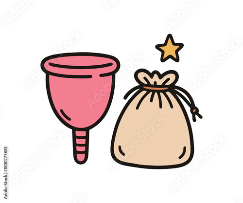 Cute doodle zero plastic bathroom collection flat vector illustration bold handdrawn outlines bright solid fills isolated on white clean white space sticker style minimal detail menstrual