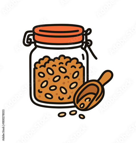 Cute doodle zero contain food storage collection flat vector illustration bold handdrawn outlines bright solid fills isolated on white clean white space sticker style minimal detail granola