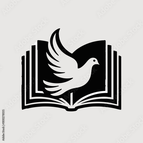 White dove flying over open book, symbol of peace, learning and faith, clean black and white vector icon for education, church, ministry and literacy themes