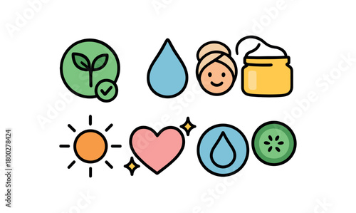 Cute doodle zero contain skincare beauty claims collection flat vector illustration bold handdrawn outlines bright solid fills isolated on white clean white space sticker style minimal