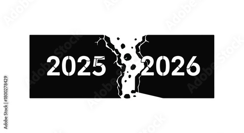 The year 2025 is dramatically fractured, breaking apart into the upcoming year 2026, symbolizing change and transition.