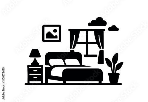 peaceful bedroom scene flat black solid vector illustration isolated on white background
