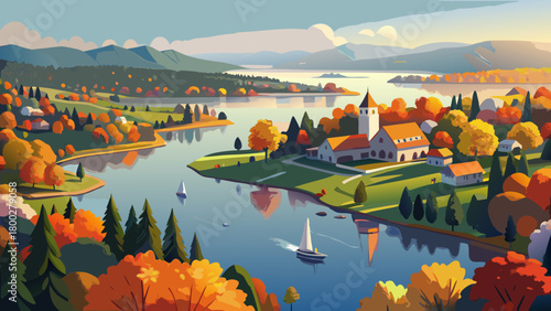 Very beautiful aerial panorama of Lake Parsippany on a sunny autumn afternoon, showcasing calm reflective waters, colorful foliage, peaceful residential edges, and a bright, inviting seasonal landscap