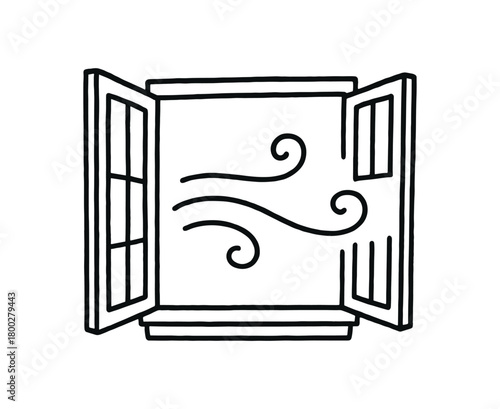 handdrawn cute doodle style open window breeze vector line illustration