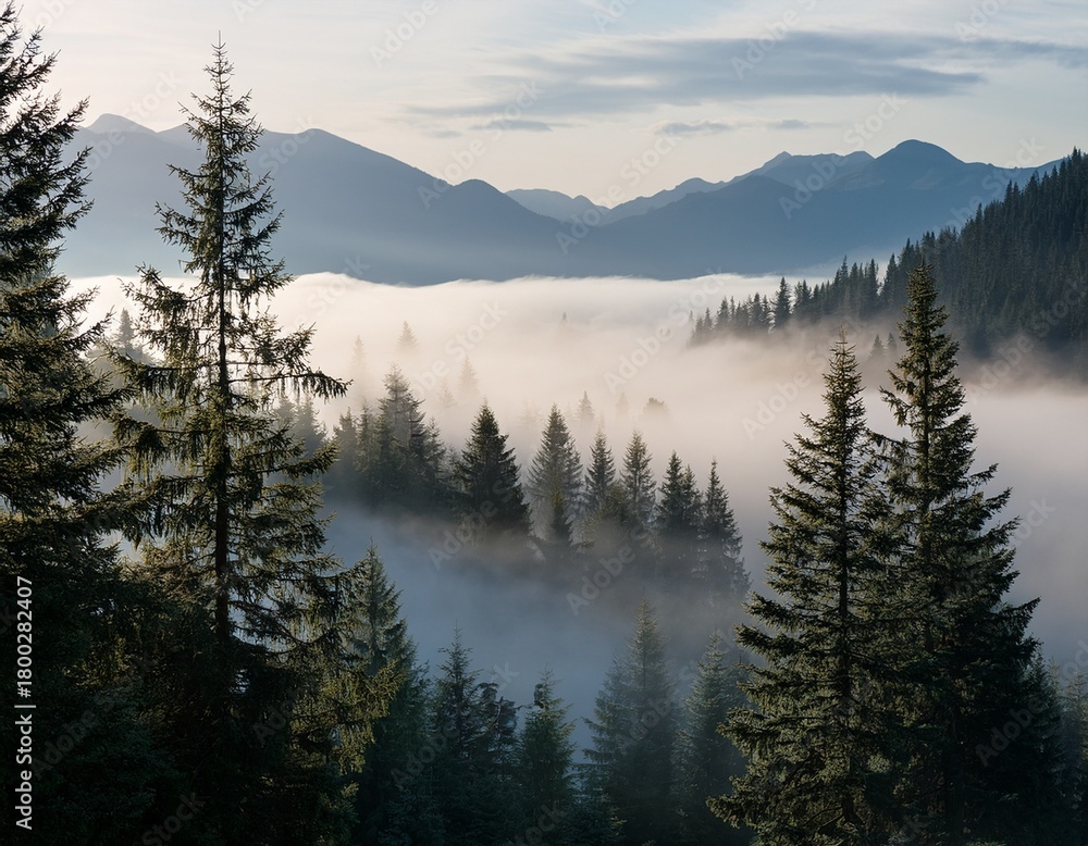 Obraz premium a serene misty landscape featuring tall evergreen trees and majestic mountains evoking a sense of tranquility and mystery in soft muted tones