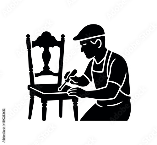 craftsman repairing ancient furniture flat black solid vector illustration isolated on white background