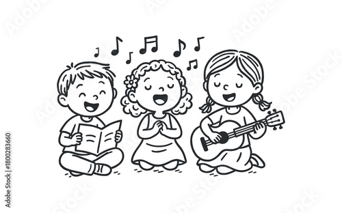 handdrawn cute doodle style children learning folk songs vector line illustration